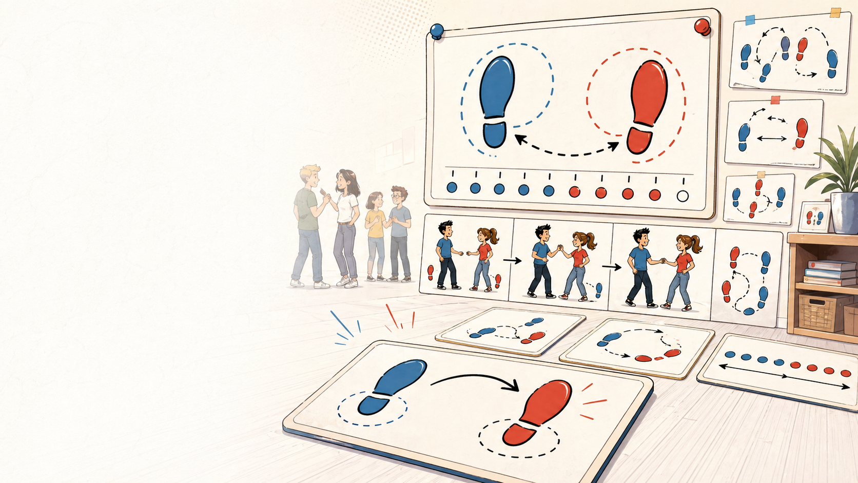 Comic-style social dance learning scene with red and blue foot cards, arrows, rhythm dots, and simple visual step maps