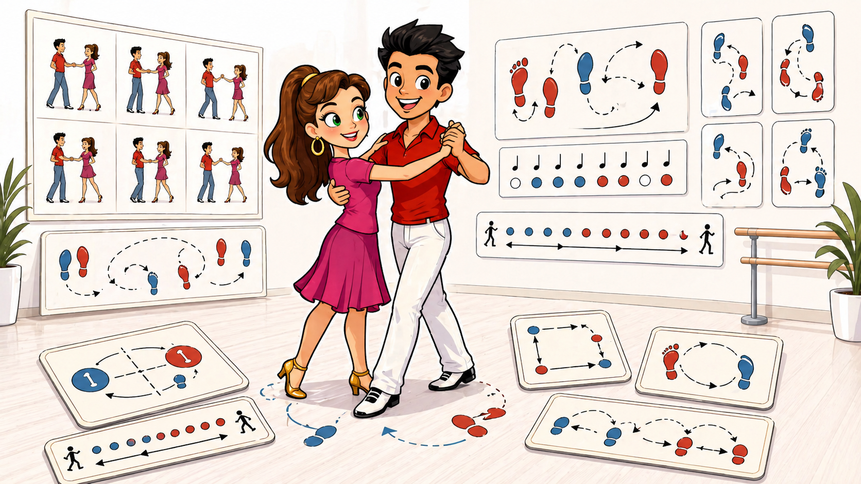 Comic-style social dance teachers demonstrating beginner footwork with visual step cards and dance diagrams